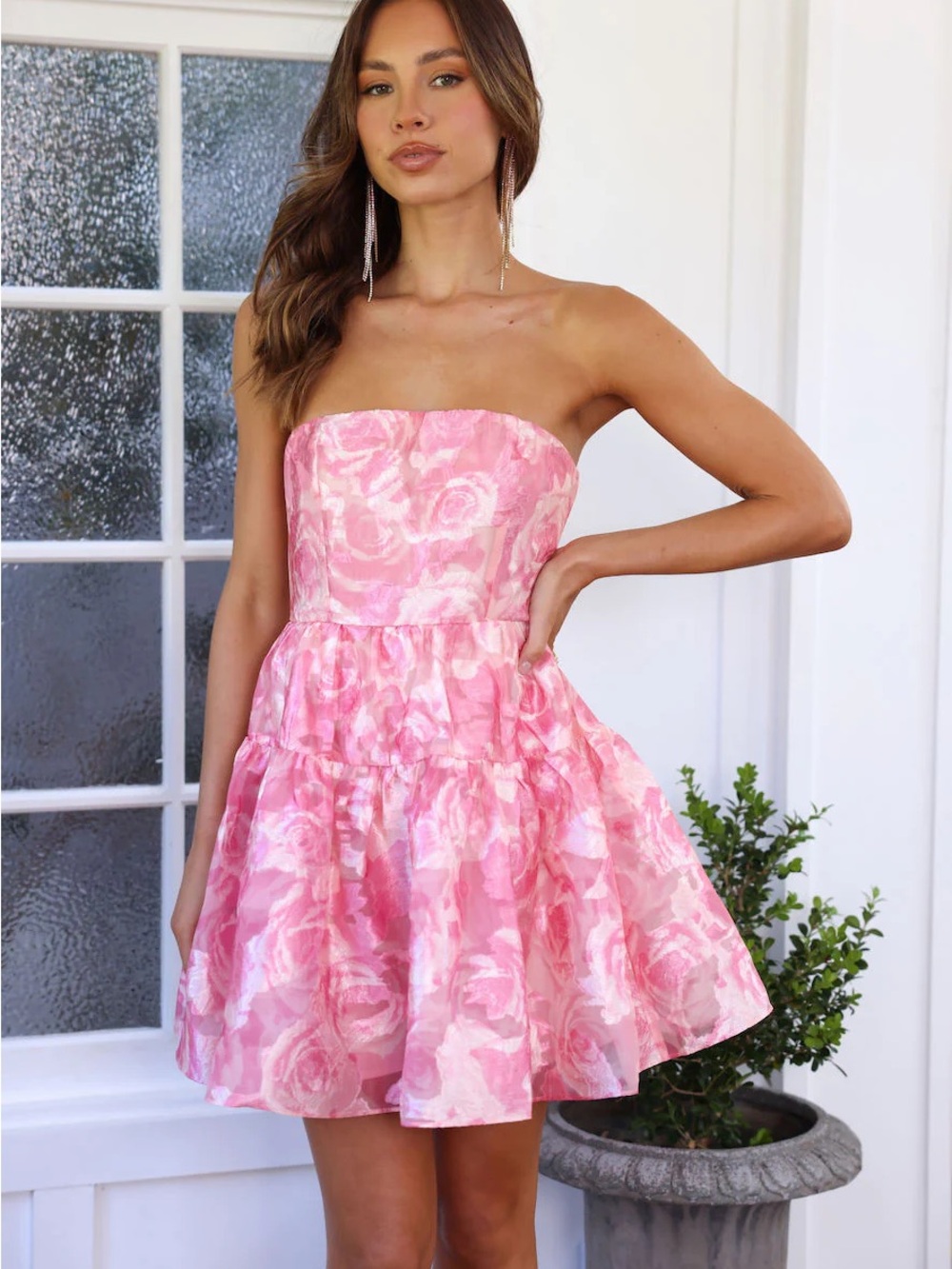 Hello Molly Pink Strapless Floral Tiered Mini Dress
